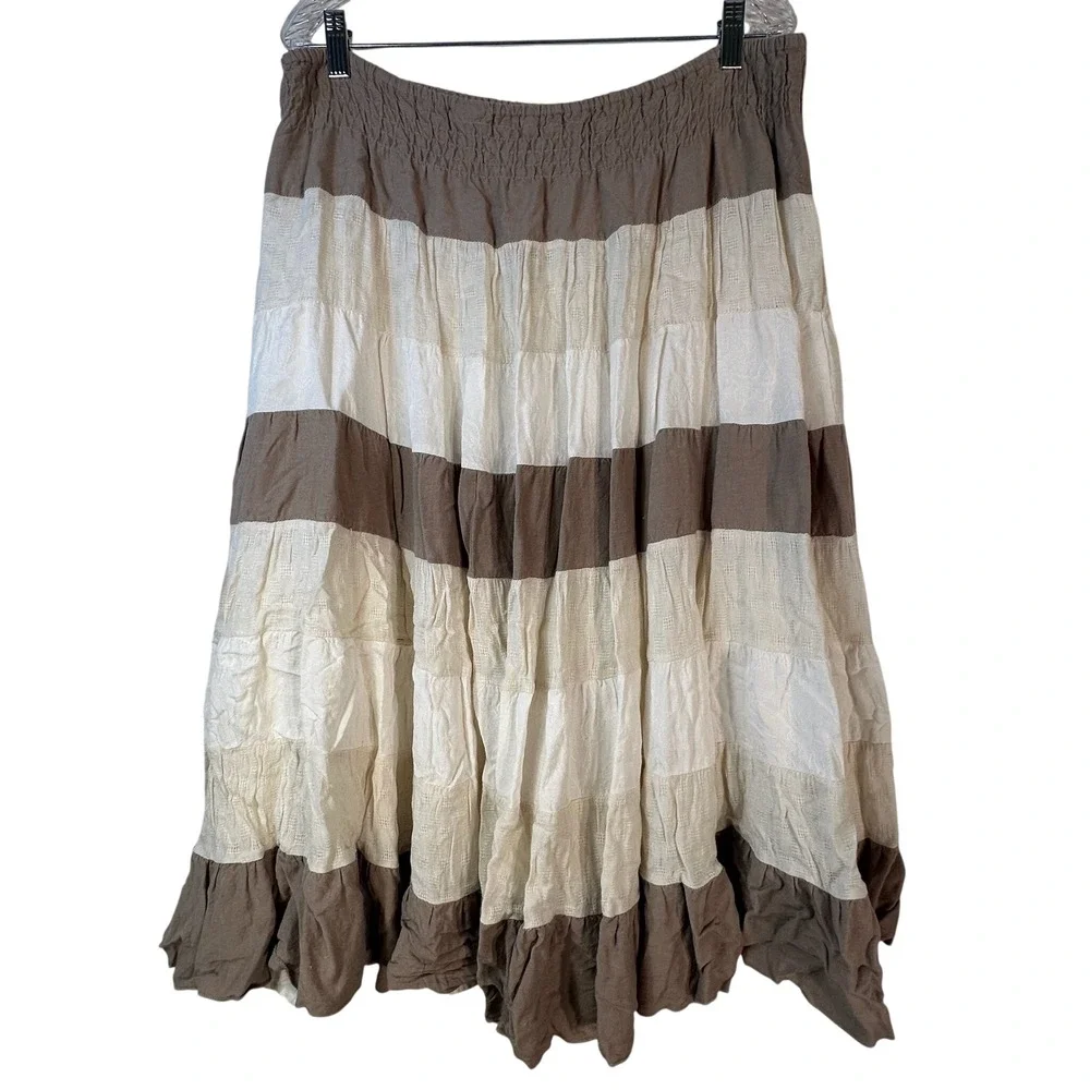 Coldwater Creek XL Taupe Cream Tiered Boho Midi Skirt Rayon Linen Cotton Smocked